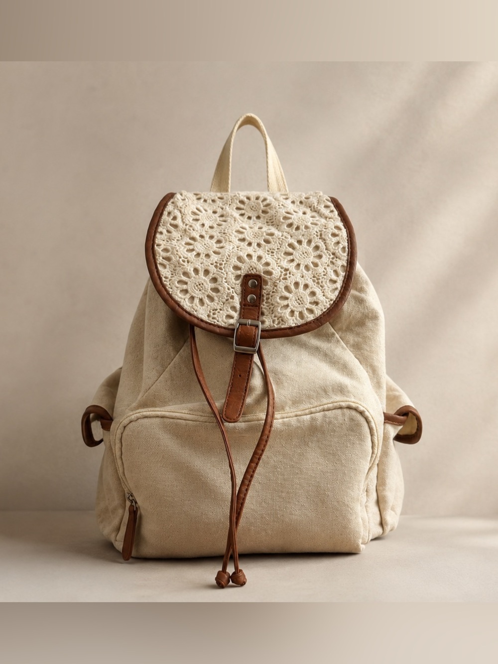 Canvas Crochet Flap Backpack | Cream | Boho
